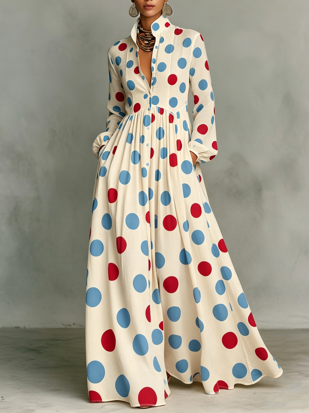 Colorful Polka-dot Stand-collar Single-breasted Long Shirt Dress