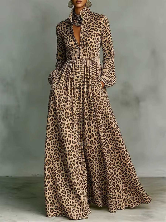 Women's Leopard Print Shirt-collar Long-sleeve Casual Loose A-line Dress