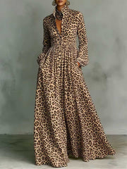 Women's Leopard Print Shirt-collar Long-sleeve Casual Loose A-line Dress