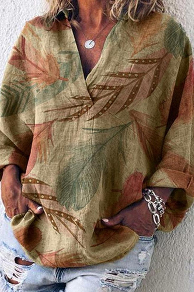 Plant Print Collared Long Sleeves Blouse
