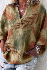 Plant Print Collared Long Sleeves Blouse