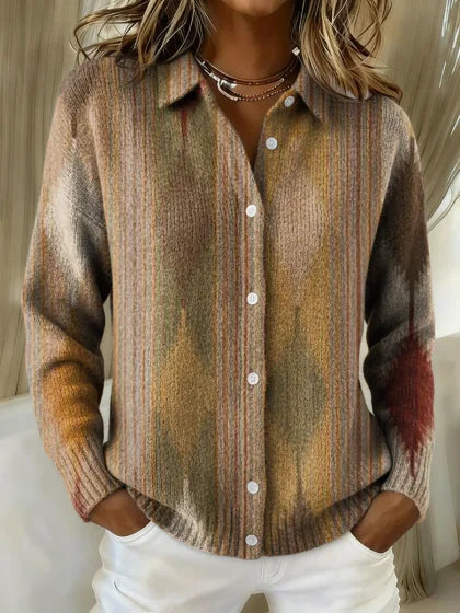 Women's Retro Gradient Stripes Printed Collared Sweater