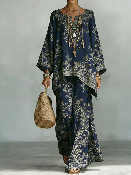 Women's Vintage Ethnic Floral Art Comfortable Loose Cotton Linen Wide-leg Pants Two-piece Set