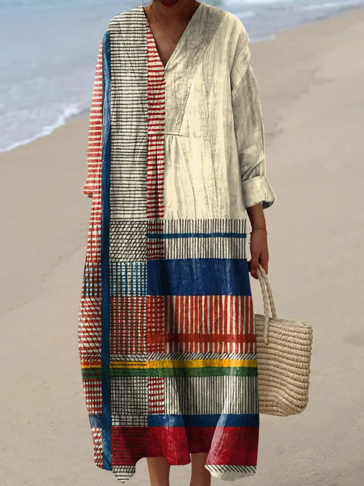 Women's Vintage Geometric Line Art Print Cotton Linen Dress