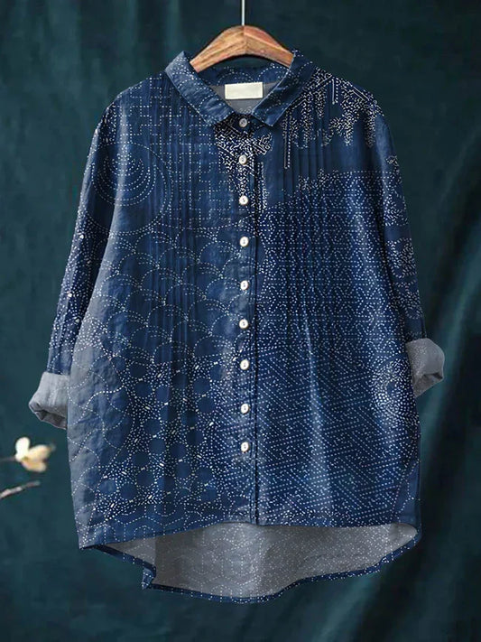 Women's Vintage Pattern Art Print Casual Cotton And Linen Ruffle Shirt