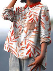 Decorative Pattern of Slender Leaves In Red Tones Casual Cotton And Linen Shirt