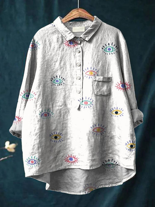 Colorful Simple Spiritual Eyes Decorative Pattern Casual Cotton And Linen Shirt