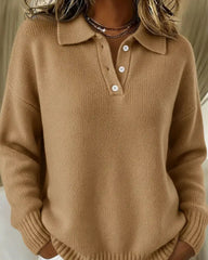 Classic Polo Neck Button-Down Solid Color Sweater Top