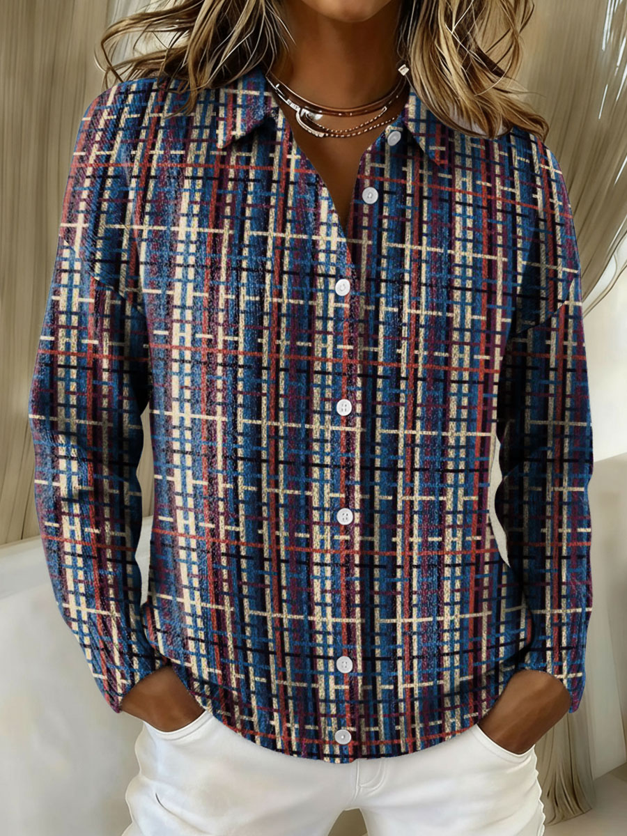 Colorful Linear Geometric Grid Decorative Pattern Casual Shirt Collar Long Sleeve Sweater