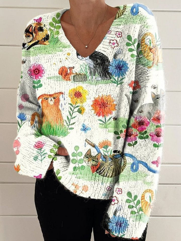 Women's Colorful Creative Funny Cats Print Casual V-neck Pullover Knit