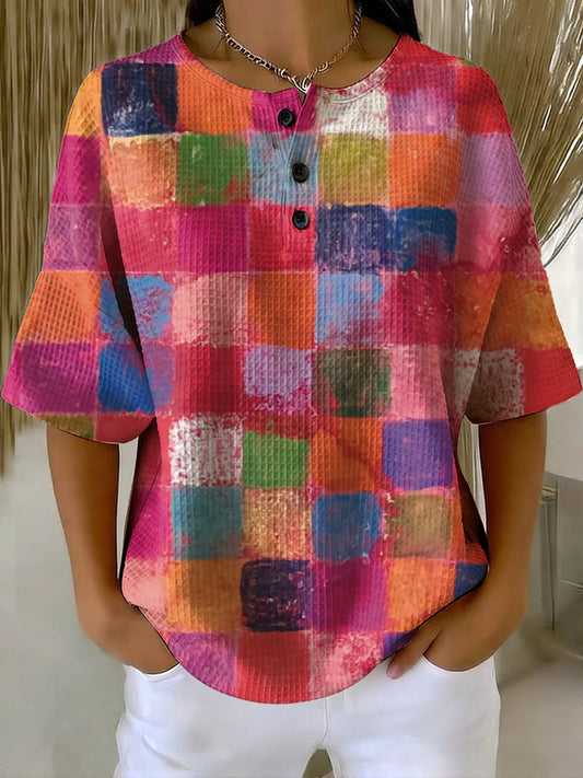 Women's Vintage Colored Squares Pattern Printed Casual Cotton Waffle Knit Sweatshirt
