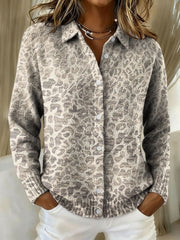 Painting Art With Leopard Print Patterns Casual Shirt Collar Long Sleeve Sweater