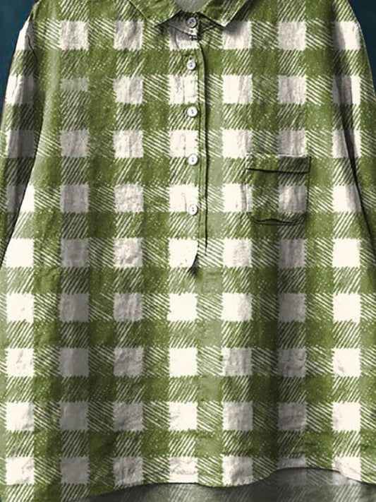 Vintage Plaid Pattern Art Print Casual Cotton And Linen Shirt