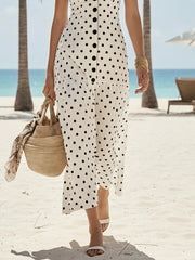 Polka-dot Sleeveless Midi Dress With Square Neck And Front Buttons