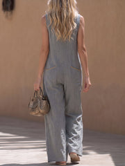 Women's V-neck Sleeveless Casual Loose-fit Cotton-linen Wide-leg Jumpsuit