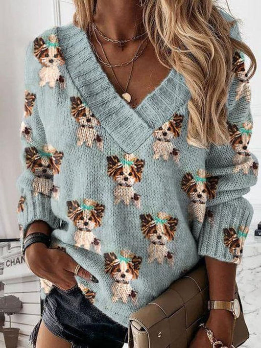 Cute Puppy Dog Lover Art Print Knit V-neck Pullover Sweater
