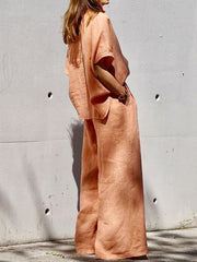 Spring And Summer Cotton Linen Lapel Two-Piece Set Outfit