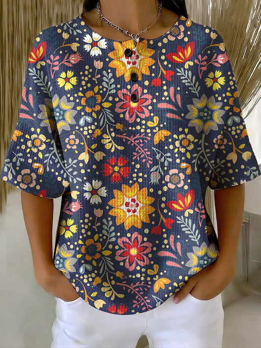 Women's Vintage Flower Pattern Printed Casual Cotton Waffle Knit Sweatshirt
