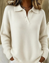 Classic Polo Neck Button-Down Solid Color Sweater Top 1415