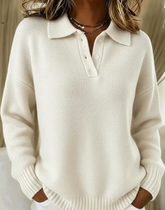 Classic Polo Neck Button-Down Solid Color Sweater Top