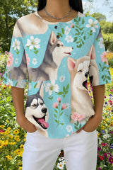 Womens Light Blue Floral Dog Print Casual Waffle Cotton Shirt