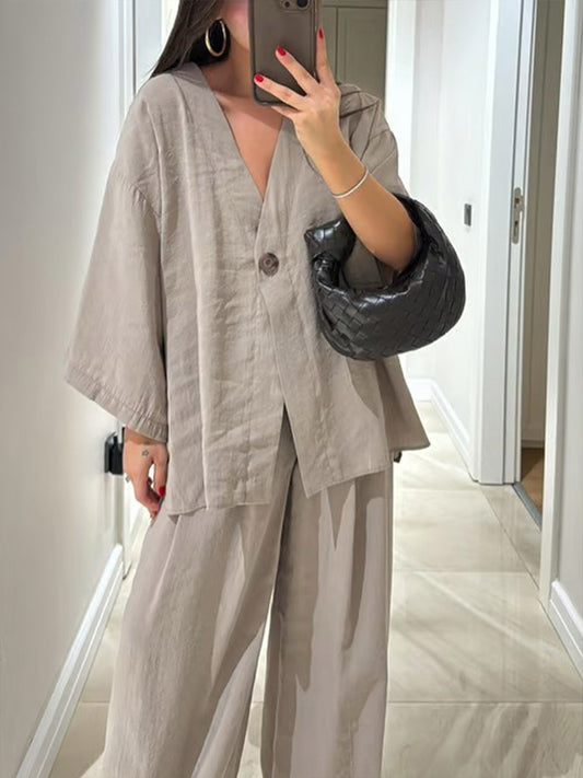 Women's Solid Color V-Neck Cardigan Top High Waist Casual Linen Wide Leg Pants Set