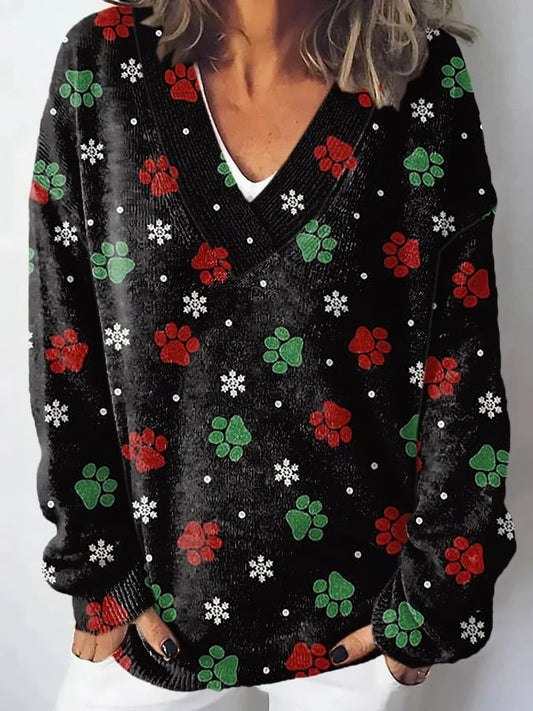 Women'S Christmas Cat Paw Print Sweater