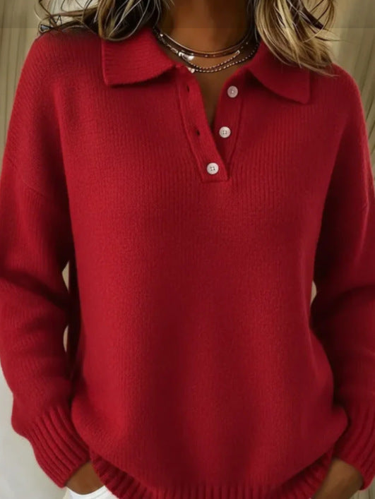 Classic Polo Neck Button-Down Solid Color Sweater Top