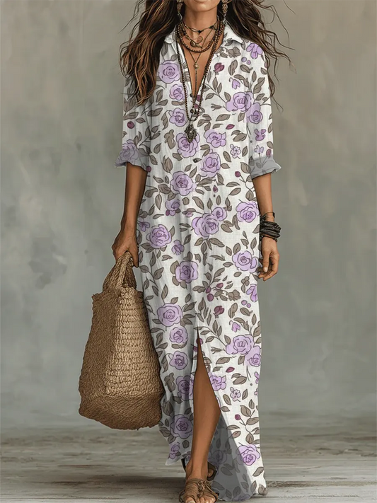 Women's Retro Floral Art Print Casual Long Sleeve Cotton Dress