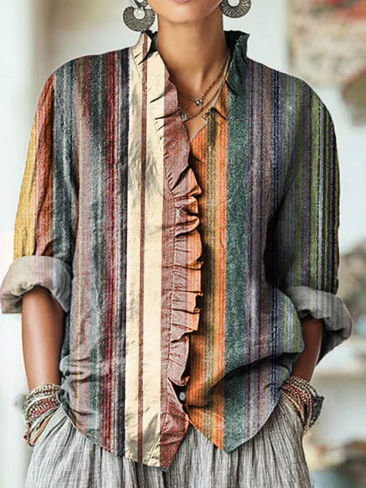 Women's Vintage Colorful Stripe Painting Art Print Casual Cotton And Linen Ruffle Shirt