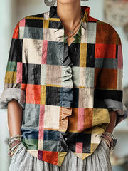 Women's Abstract Colorful Geometric Stripes Painting Art Print Casual Cotton And Linen Ruffle Shirt