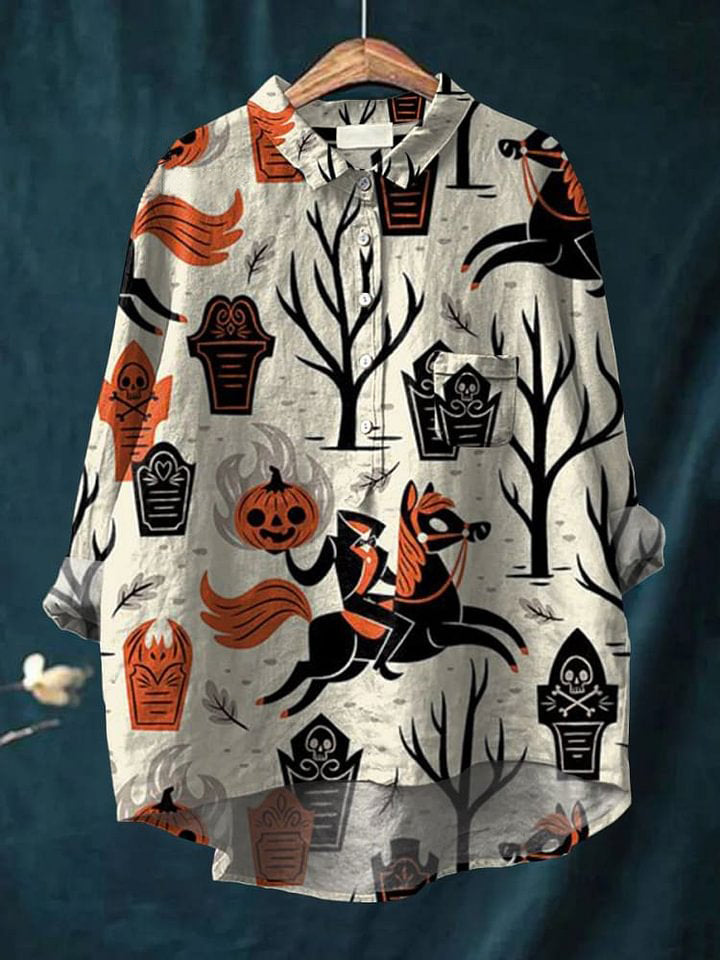 Halloween Print Casual Cotton And Linen Shirt