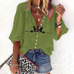 Dashingsoul Casual Black Cat Print Women's Casual 3/4 Sleeve Blouse