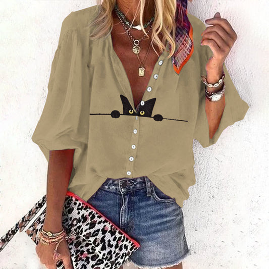 Dashingsoul Casual Black Cat Print Women's Casual 3/4 Sleeve Blouse