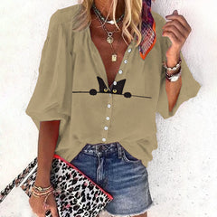 Dashingsoul Casual Black Cat Print Women's Casual 3/4 Sleeve Blouse