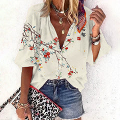 Dashingsoul Women's Japanese Art Floral Vintage Print Casual 3/4 Sleeve Blouse