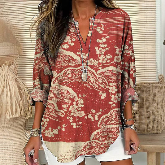 Dashingsoul Women's Japanese Art Plum Blossom Printed V Neck Long Sleeve Blouse