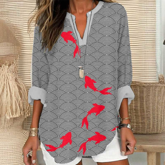 Dashingsoul Japanese Goldfish Art Print V Neck Long Sleeve Blouse