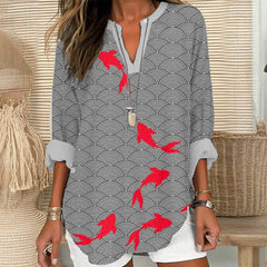 Dashingsoul Japanese Goldfish Art Print V Neck Long Sleeve Blouse