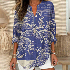 Dashingsoul Women's Japanese Art Plum Blossom Printed V Neck Long Sleeve Blouse