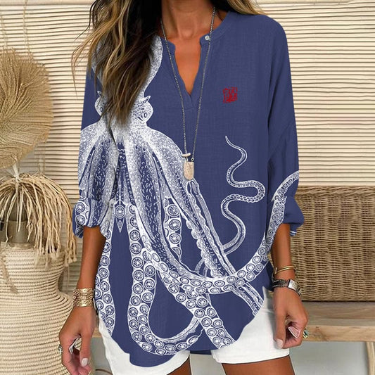 Dashingsoul Japanese Art Octopus And Crab Print V Neck Long Sleeve Blouse