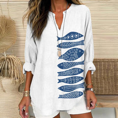 Dashingsoul Fish Japanese Lino Art Print V Neck Long Sleeve Blouse