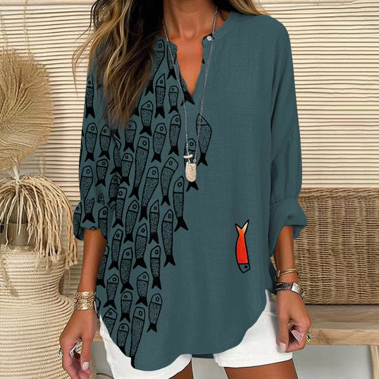 Dashingsoul Cute Simple Lines Abstract Geometric Fish Art Print V Neck Long Sleeve Blouse