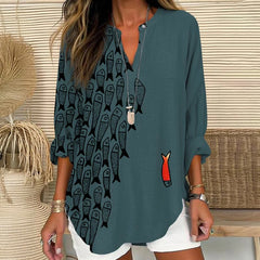 Dashingsoul Cute Simple Lines Abstract Geometric Fish Art Print V Neck Long Sleeve Blouse