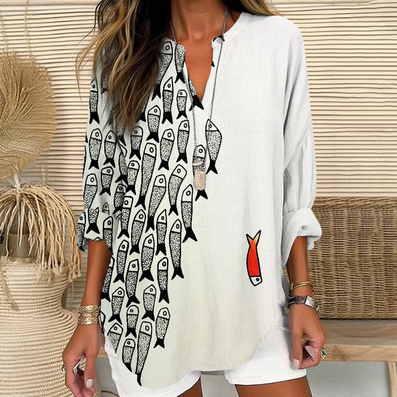 Dashingsoul Cute Simple Lines Abstract Geometric Fish Art Print V Neck Long Sleeve Blouse