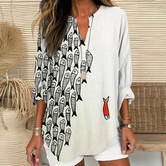 Dashingsoul Cute Simple Lines Abstract Geometric Fish Art Print V Neck Long Sleeve Blouse