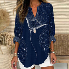 Dashingsoul Starry Spotted Eagle Rays Print V Neck Long Sleeve Blouse