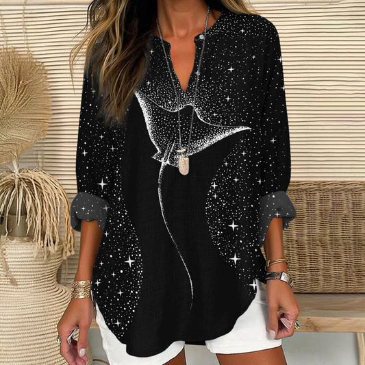 Dashingsoul Starry Spotted Eagle Rays Print V Neck Long Sleeve Blouse