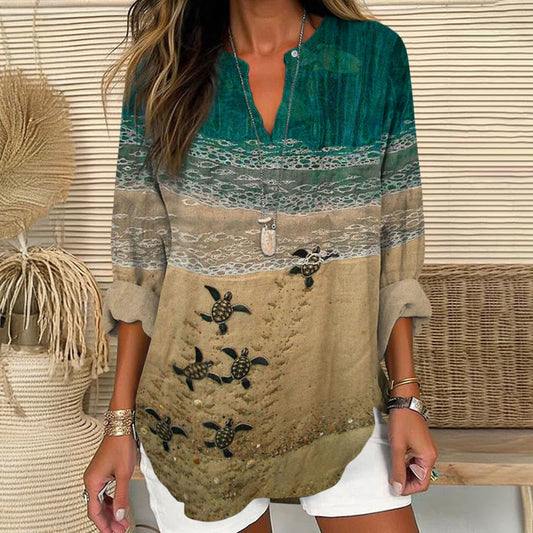 Dashingsoul Baby Sea Turtles Beach Fiber Art Print V Neck Long Sleeve Blouse