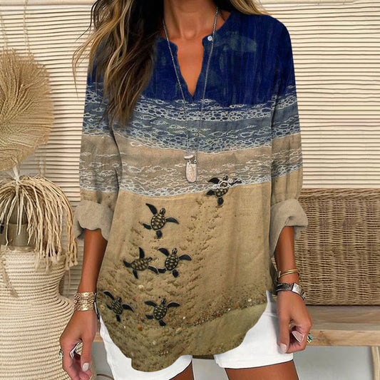 Dashingsoul Baby Sea Turtles Beach Fiber Art Print V Neck Long Sleeve Blouse
